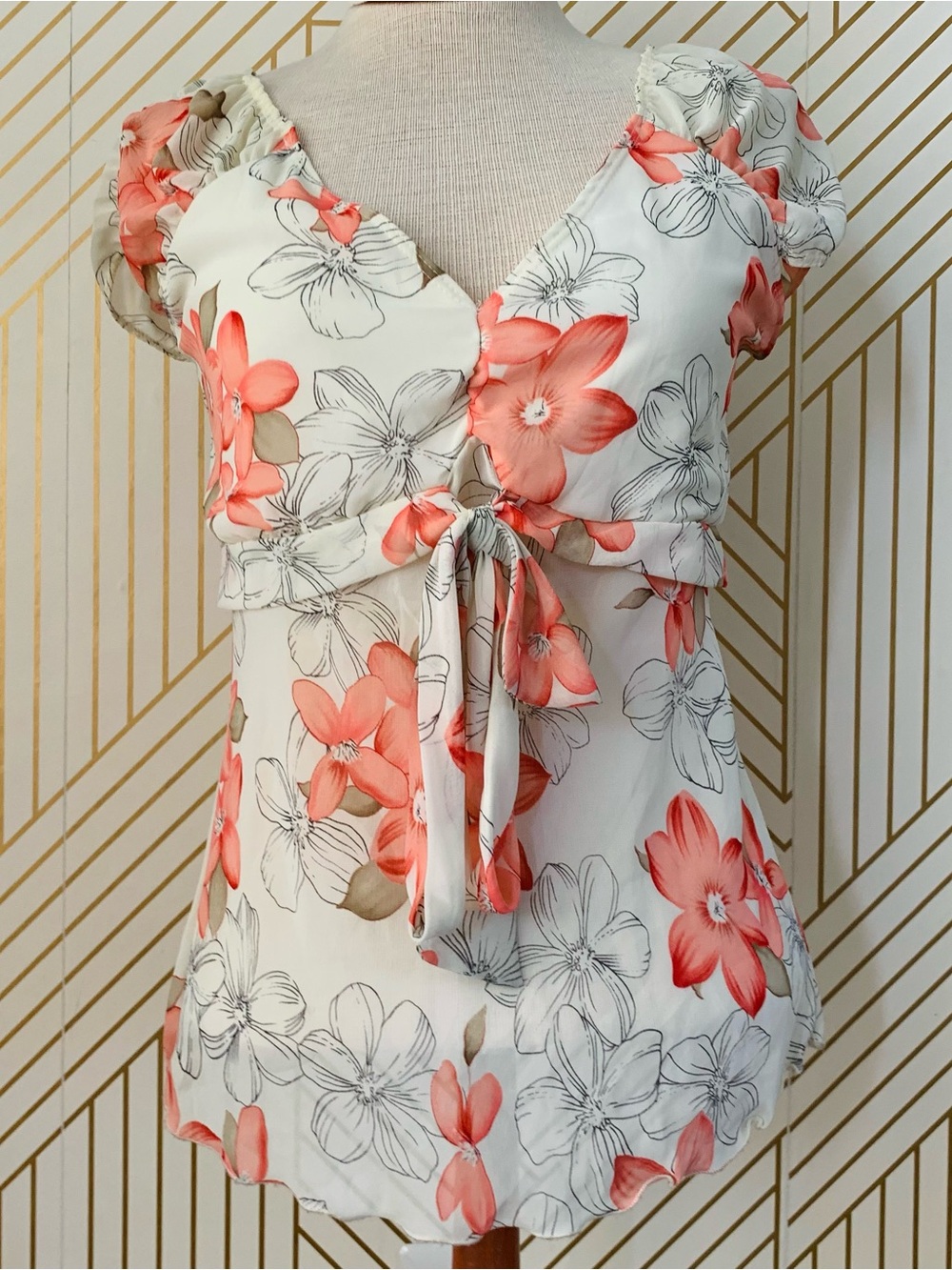 Vintage Y2K Rave Floral puff sleeve tie front v neck Coquette cottagecore VTG L